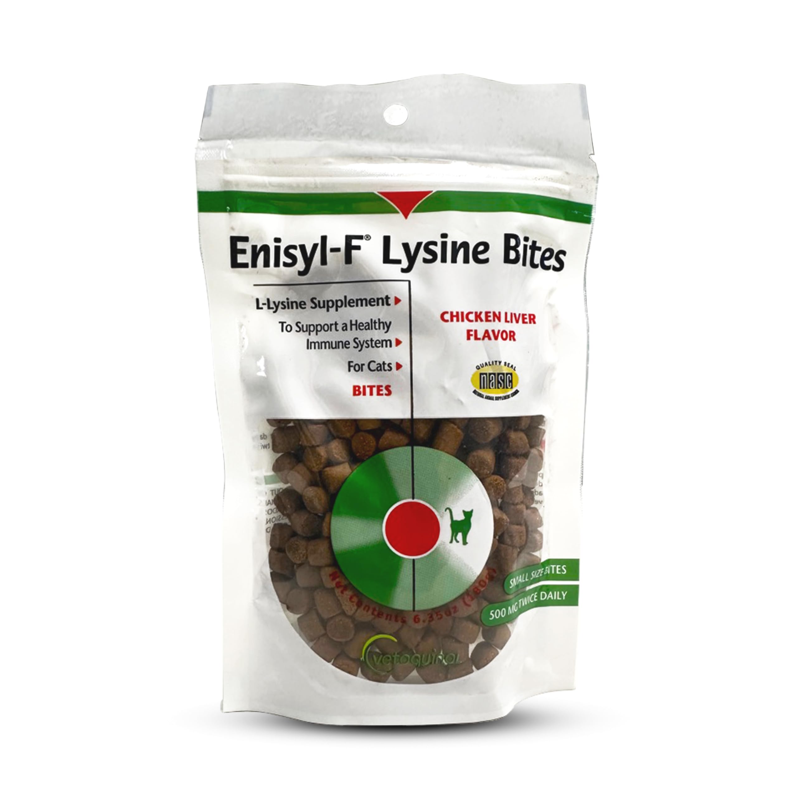 Front of Vetoquinol Enisyl-F Lysine Bites bag with chicken liver flavor