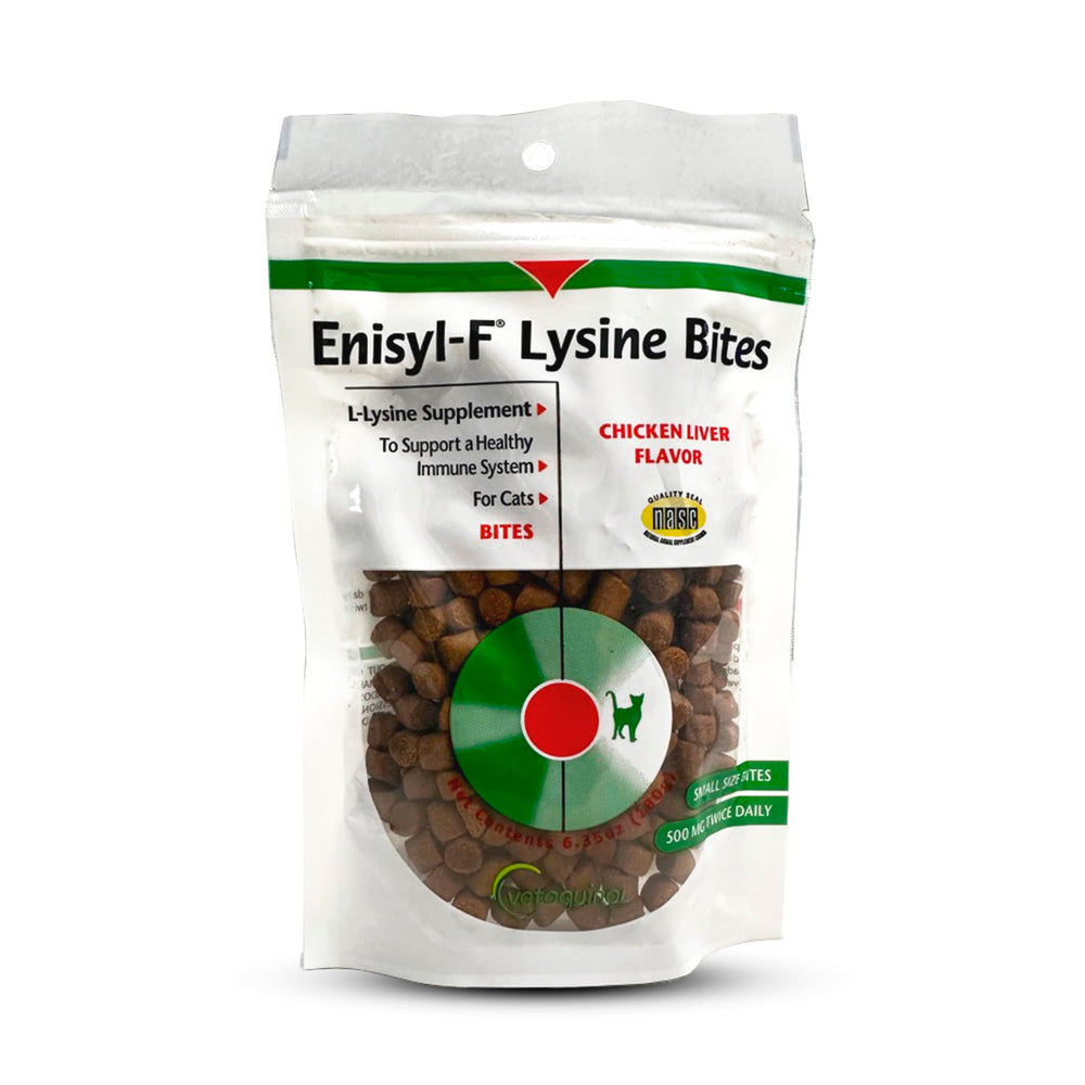 Front of Vetoquinol Enisyl-F Lysine Bites bag with chicken liver flavor