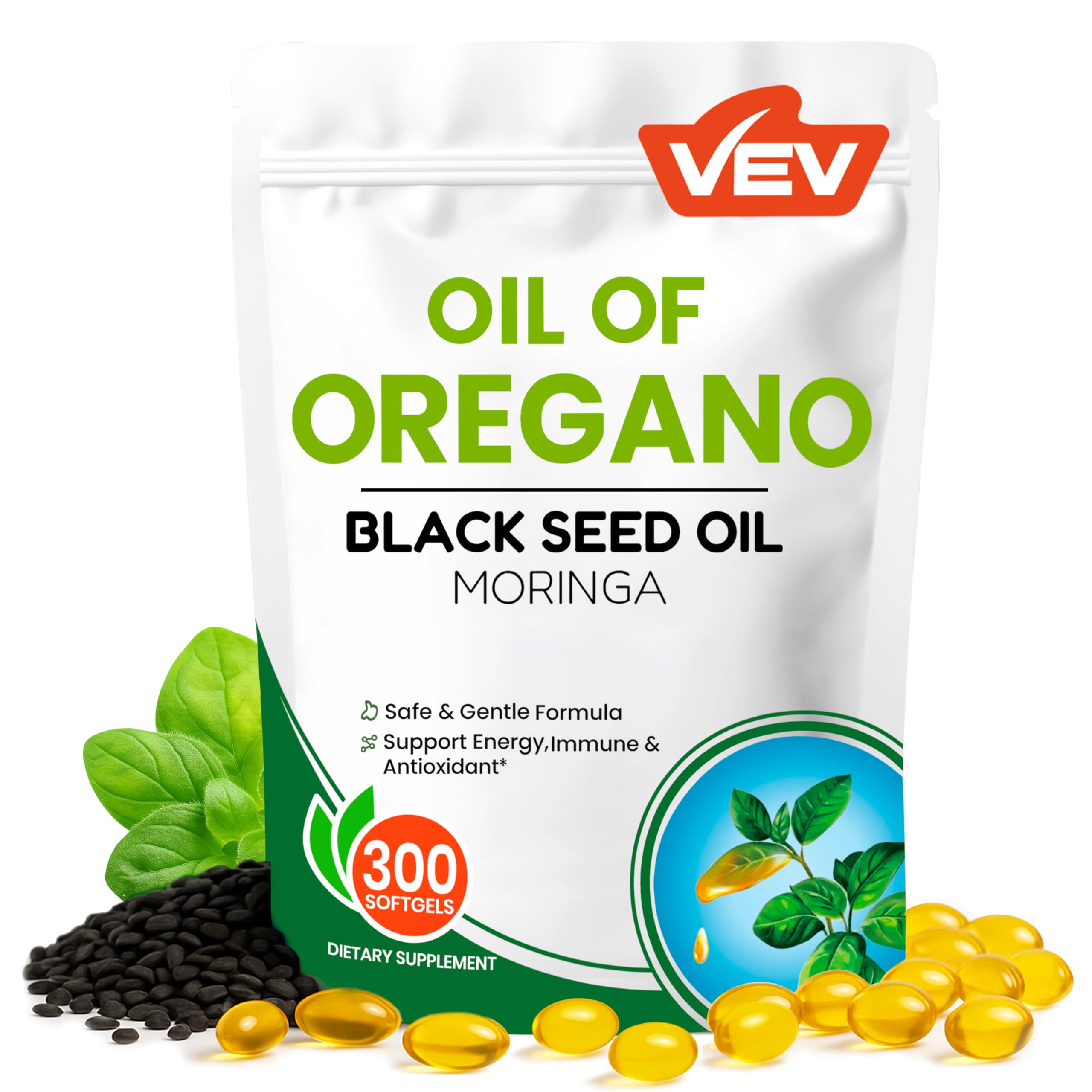 VEV 300mg Oil of Oregano bottle with Black Seed Oil & Moringa
