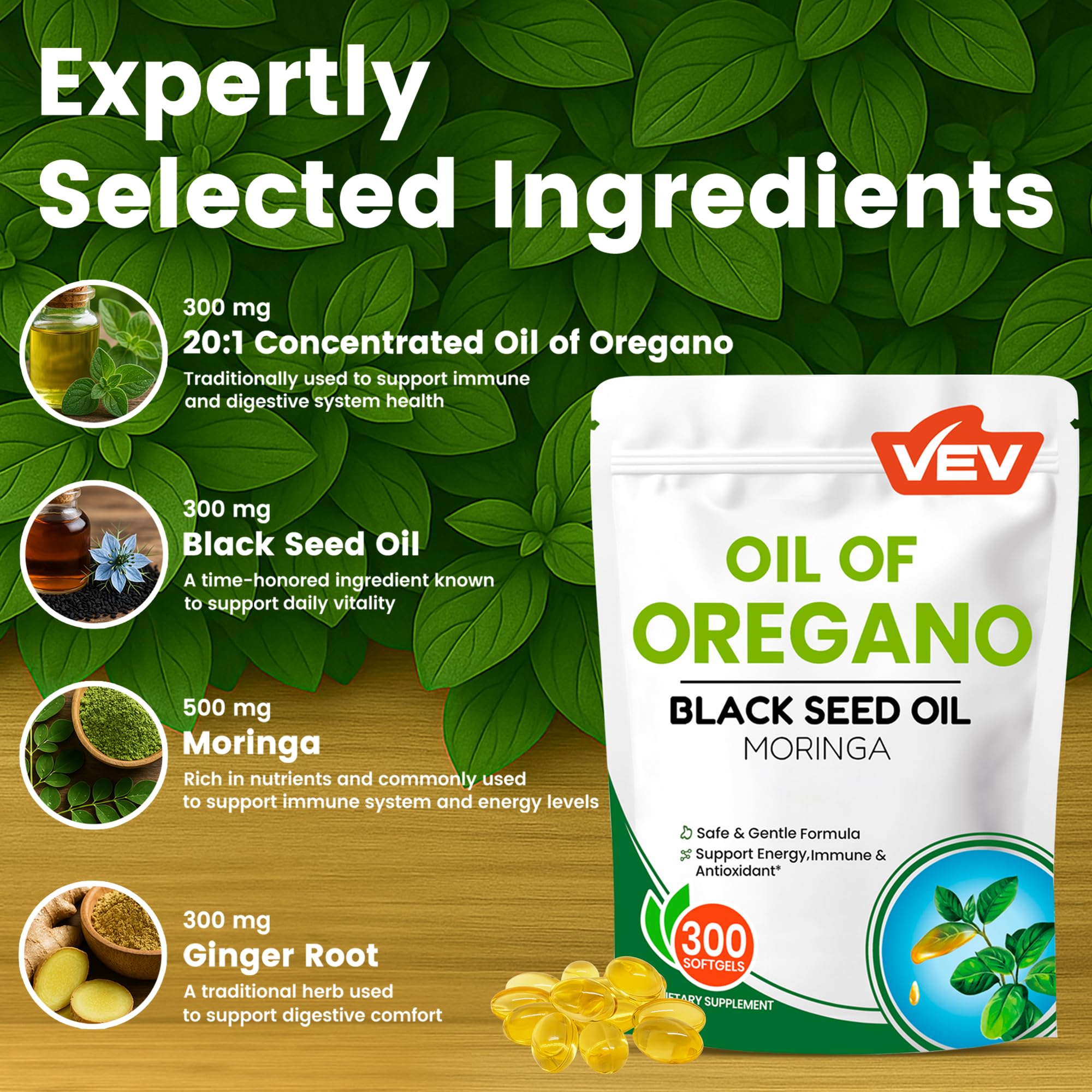 Organic blend of oregano oil, black seed oil, and moringa