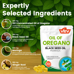 Organic blend of oregano oil, black seed oil, and moringa