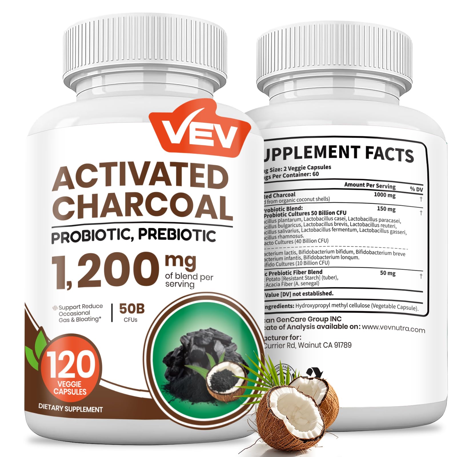 Front view of VEV Activated Charcoal bottle with organic coconut shell charcoal and probiotics