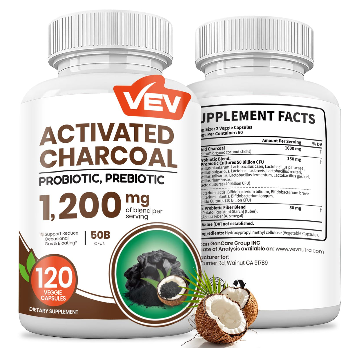 Front view of VEV Activated Charcoal bottle with organic coconut shell charcoal and probiotics