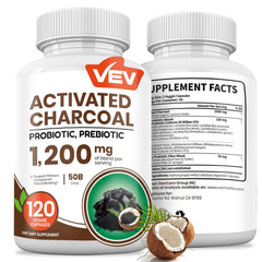 Front view of VEV Activated Charcoal bottle with organic coconut shell charcoal and probiotics