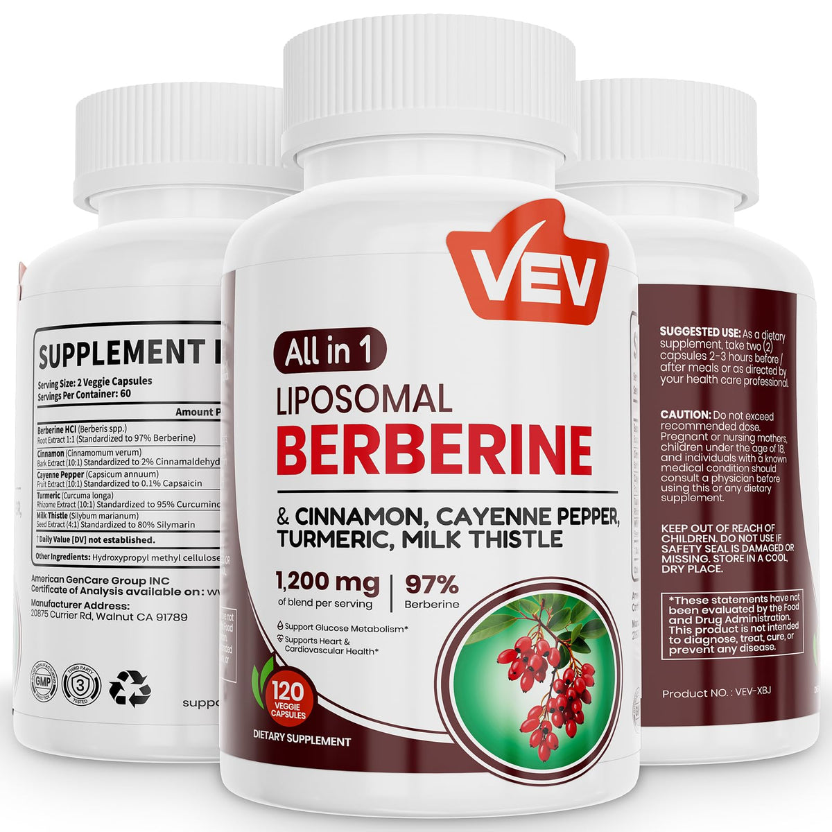 VEV Berberine supplement bottle with 120 capsules