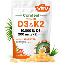 Product bottle label: VEV Corefeel D3 K2 10,000 IU MK-7