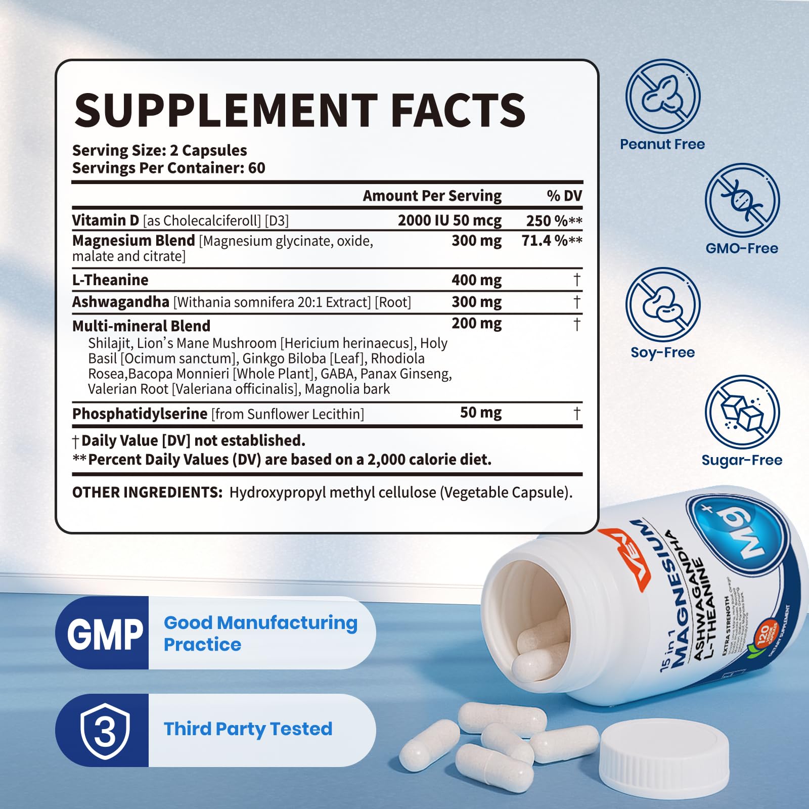 Close-up of VEV DeepCalm magnesium capsules bottle