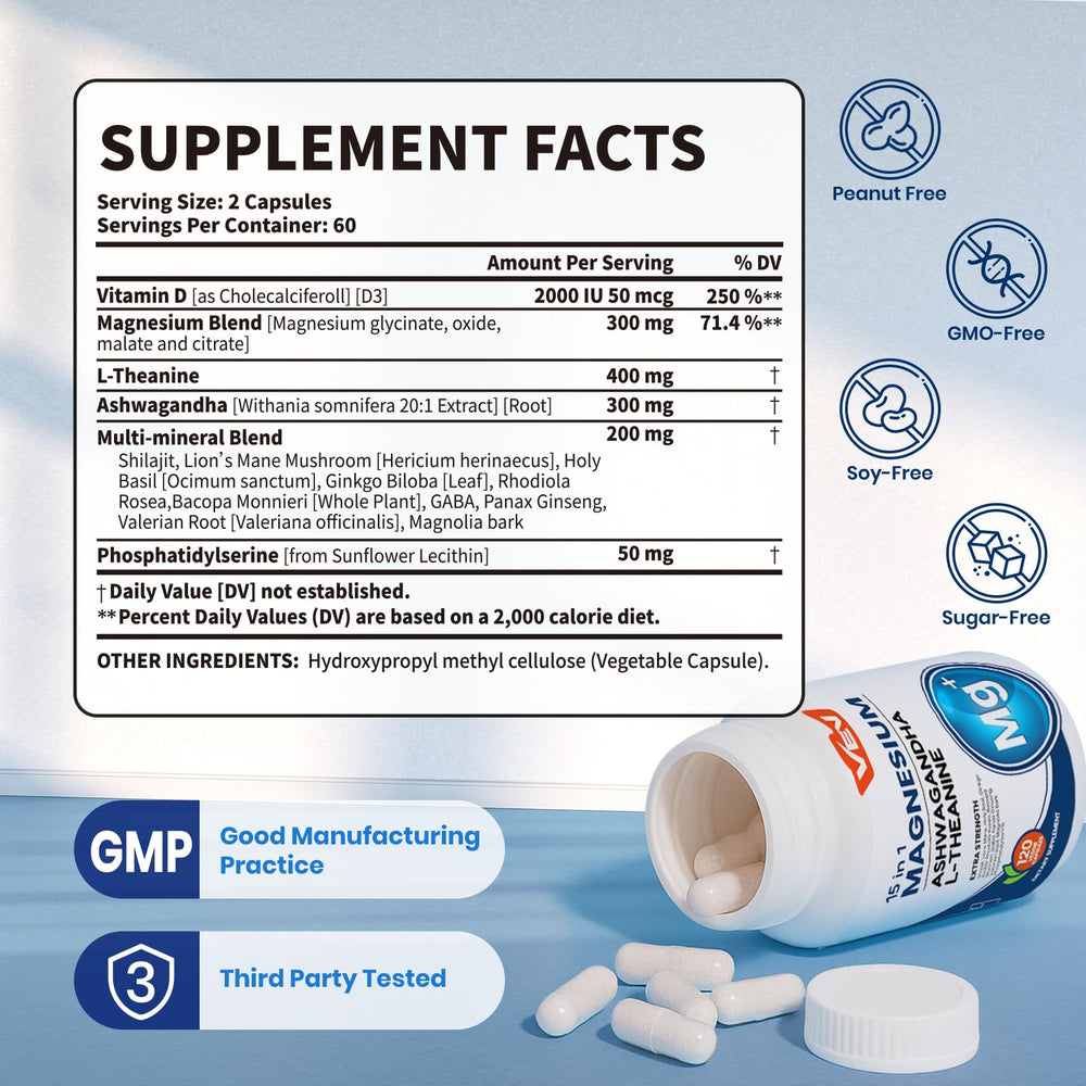 Close-up of VEV DeepCalm magnesium capsules bottle