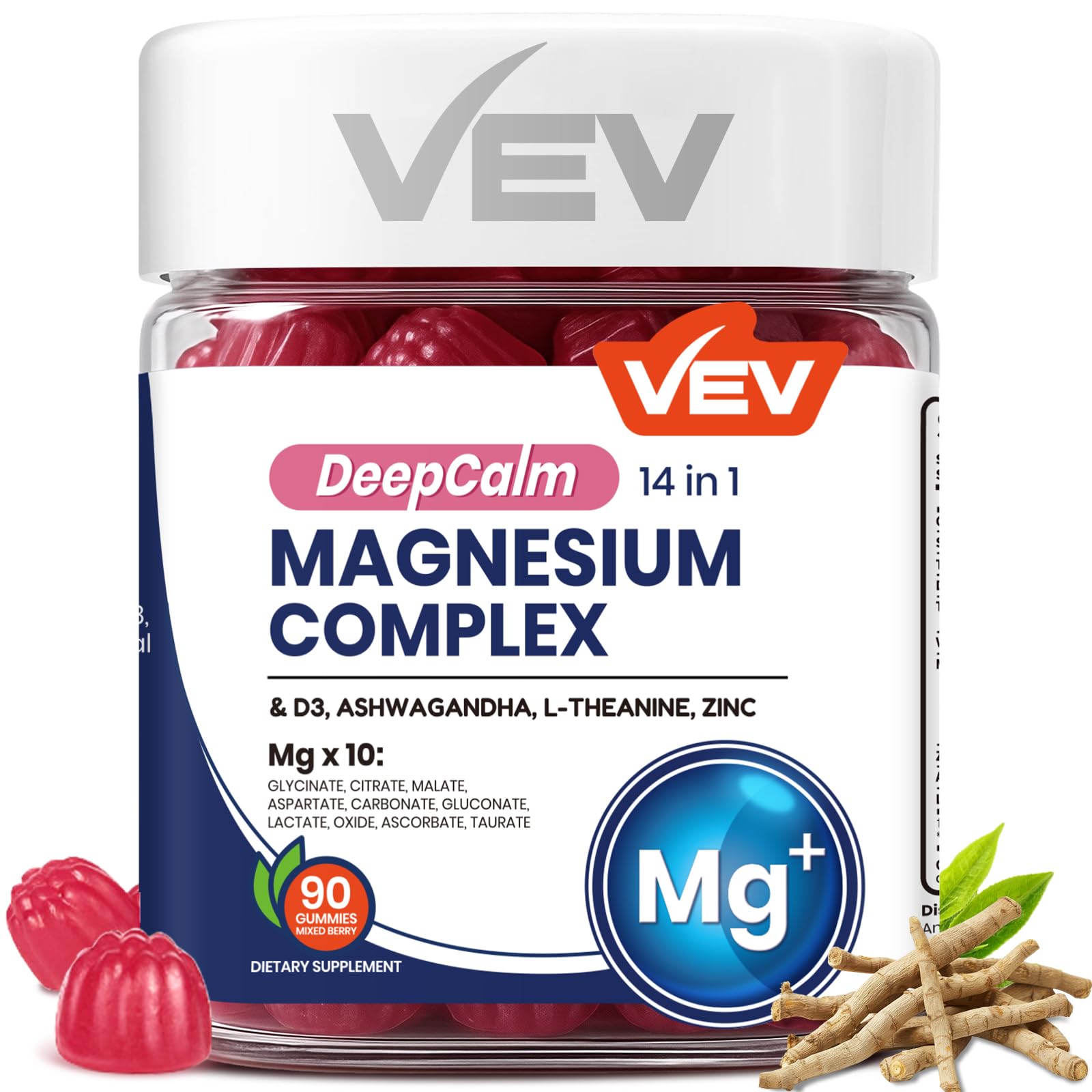 VEV Magnesium Complex DeepCalm 14-in-1 Gummies bottle on white background