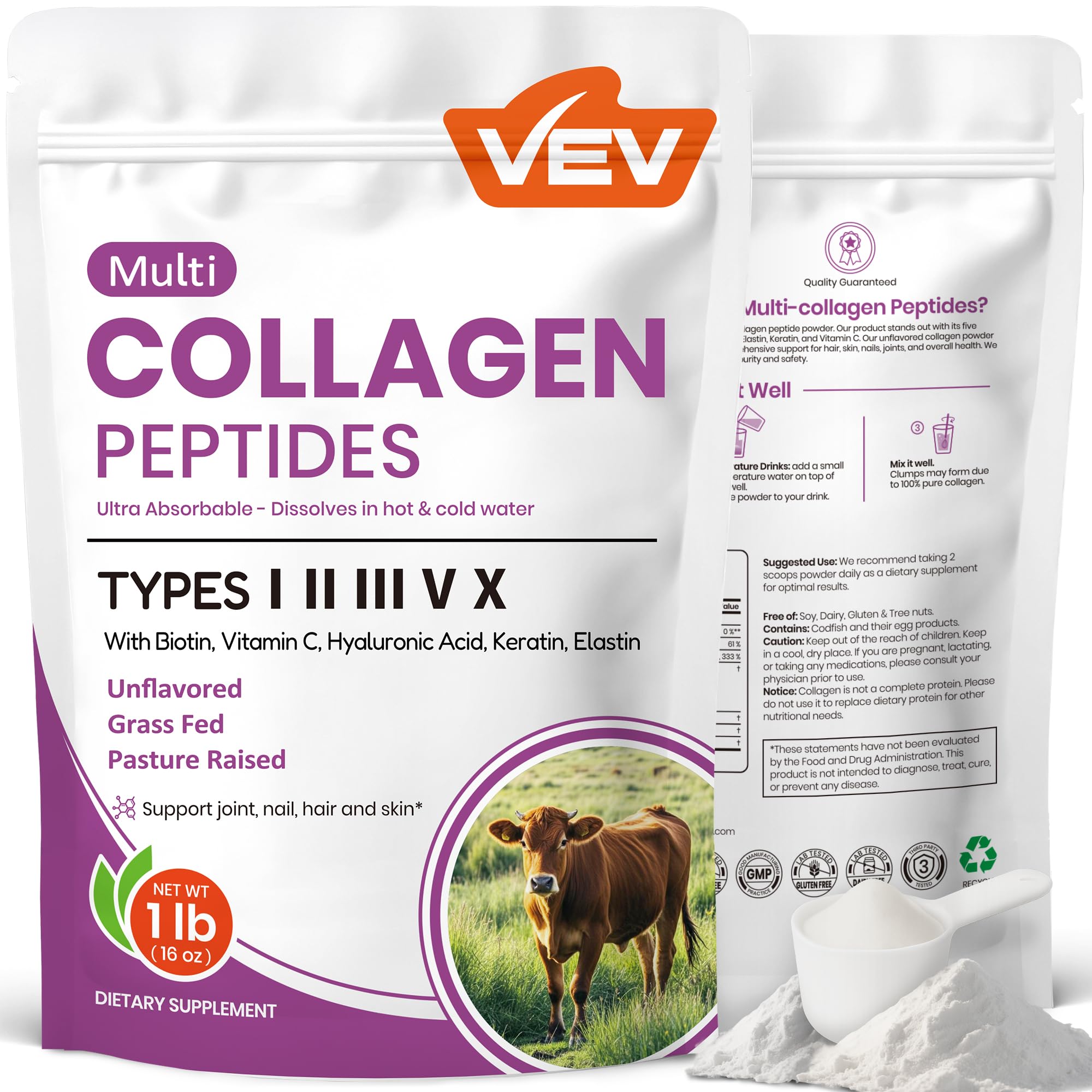 Front view of VEV Multi Collagen Peptides Powder 16 oz bottle