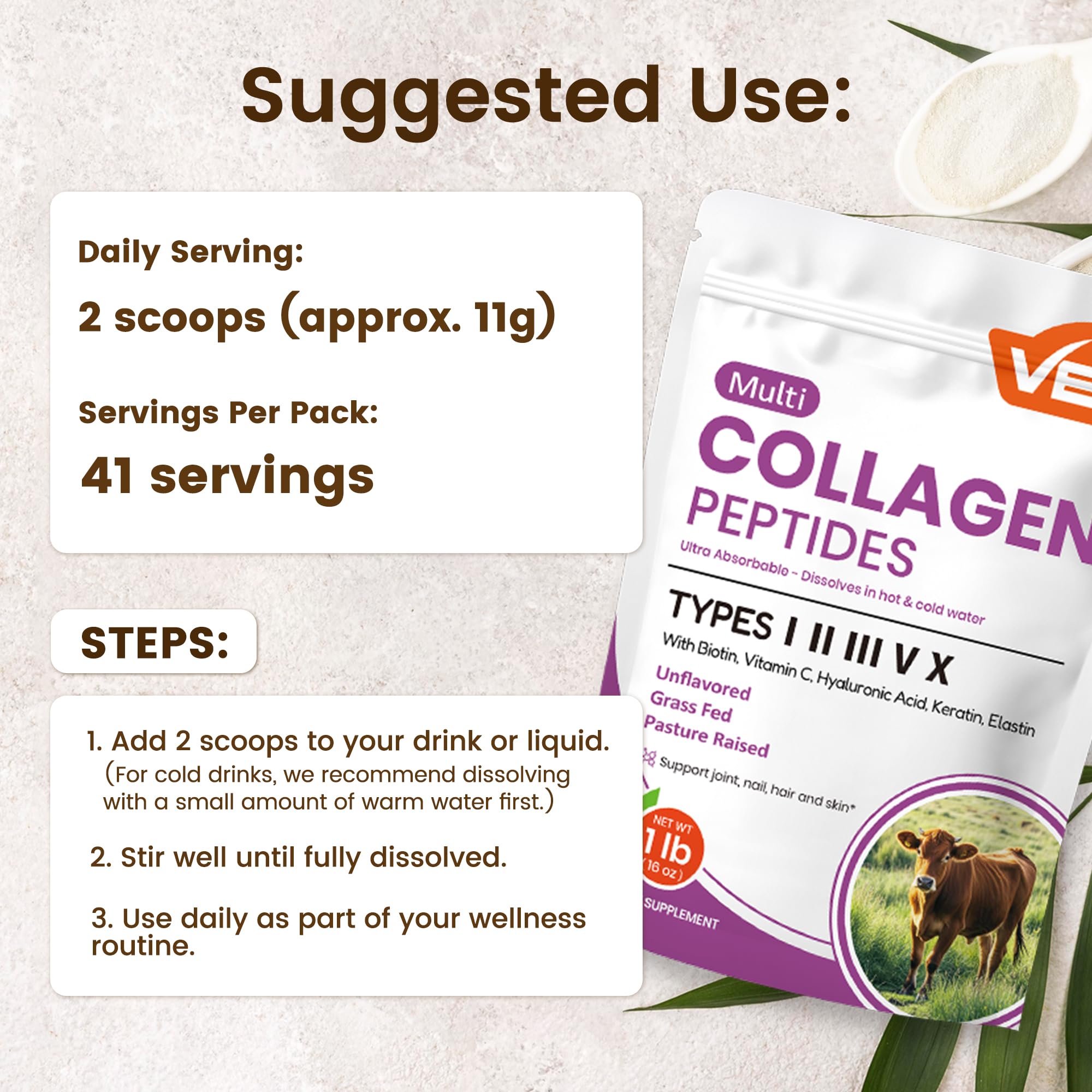 Dissolving VEV Multi Collagen Peptides Powder into a beverage