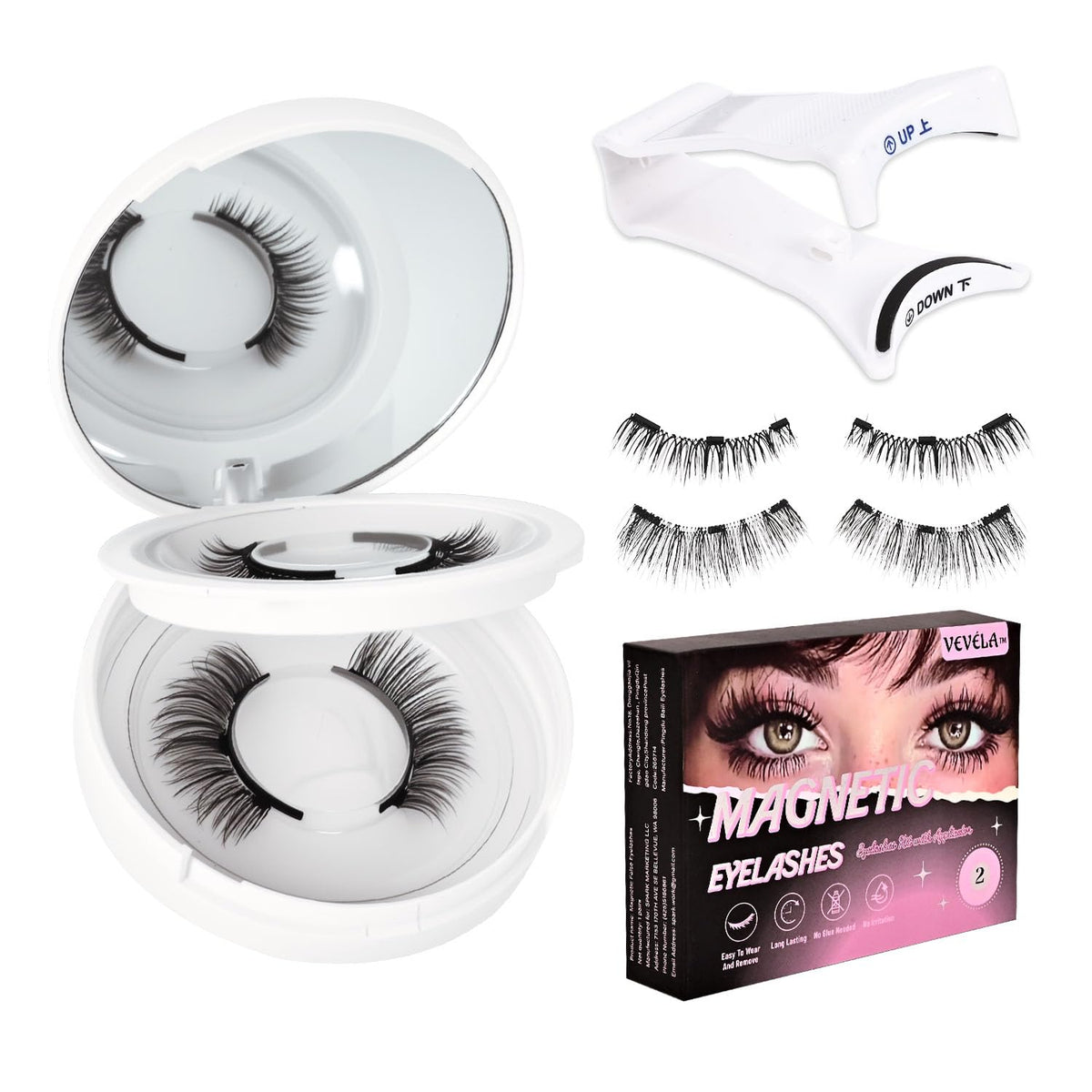 Vevela packaging shows glue-free, reusable lash kit for everyday wear.