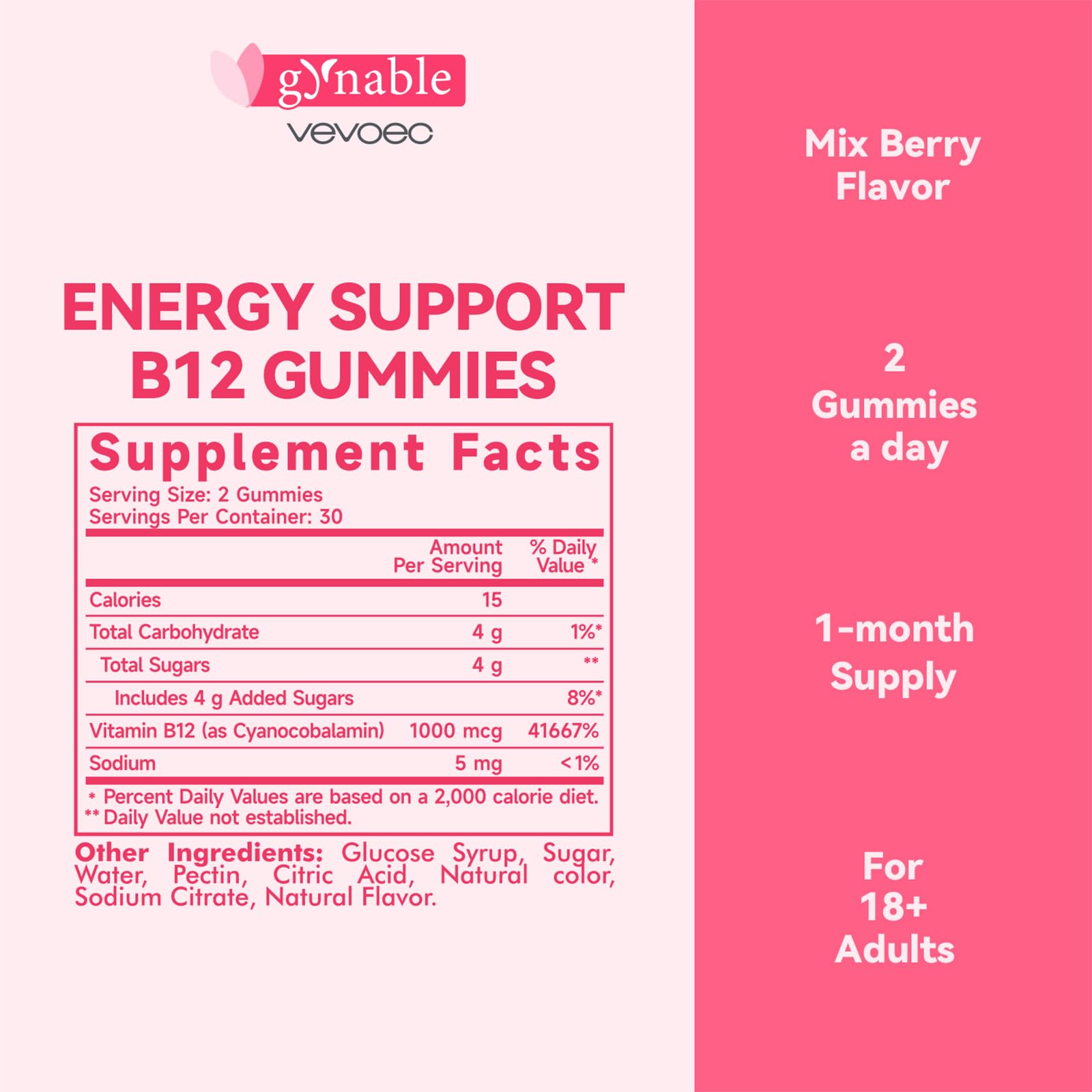 Close-up of Vevoec B12 gummy in Mixed Berry flavor
