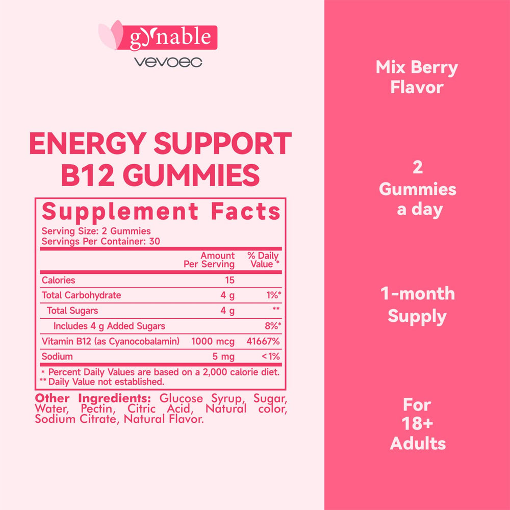 Close-up of Vevoec B12 gummy in Mixed Berry flavor