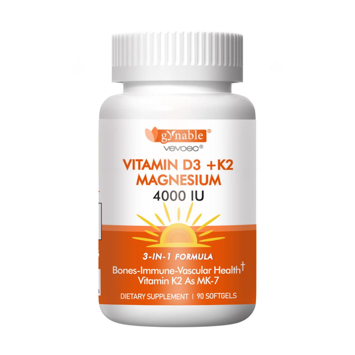 Vevoec Vitamin D3 K2 4000IU with Magnesium softgels bottle – front view