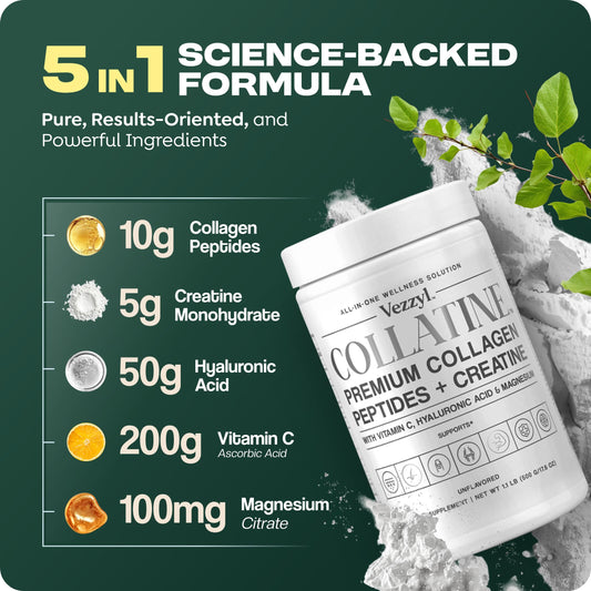 Ingredients list: Collagen peptides, Creatine, Vitamin C, Hyaluronic Acid, Magnesium