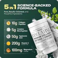 Ingredients list: Collagen peptides, Creatine, Vitamin C, Hyaluronic Acid, Magnesium