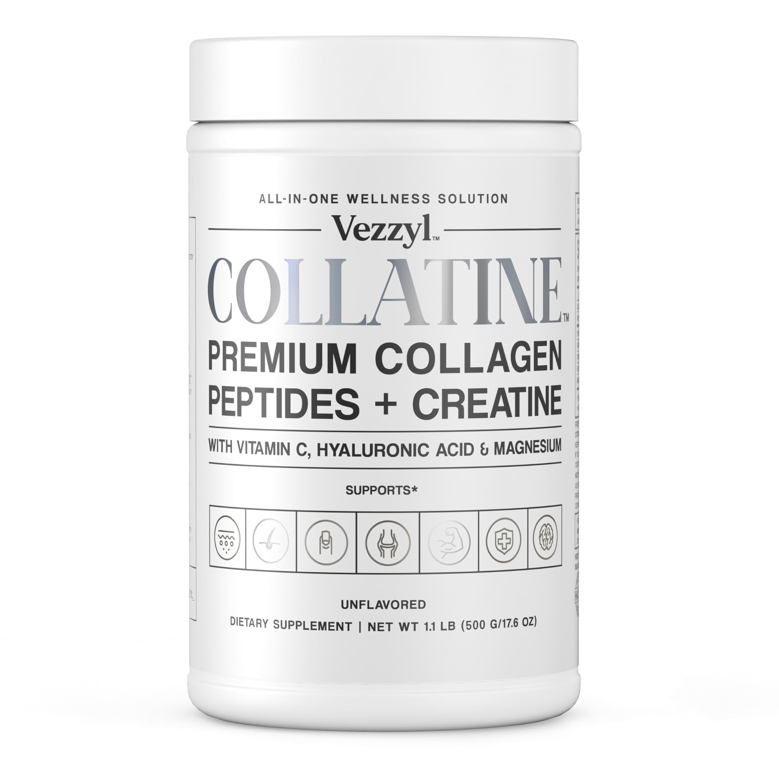 Vezzyl Collatine bottle label close-up highlighting premium skin and joint support.