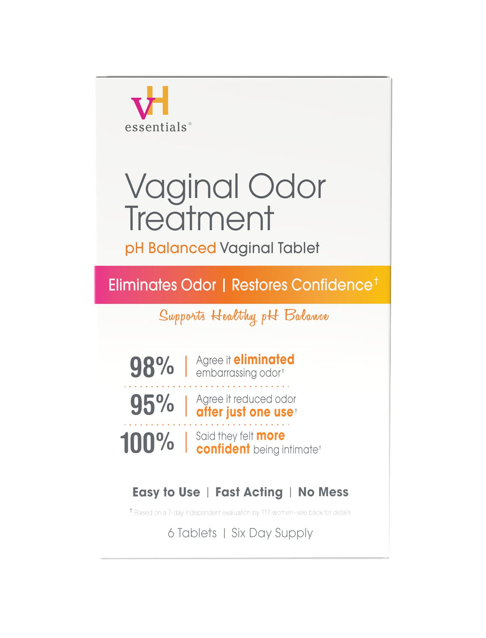 vH essentials odor suppositories box shown, supporting daily vaginal odor care and pH balance.