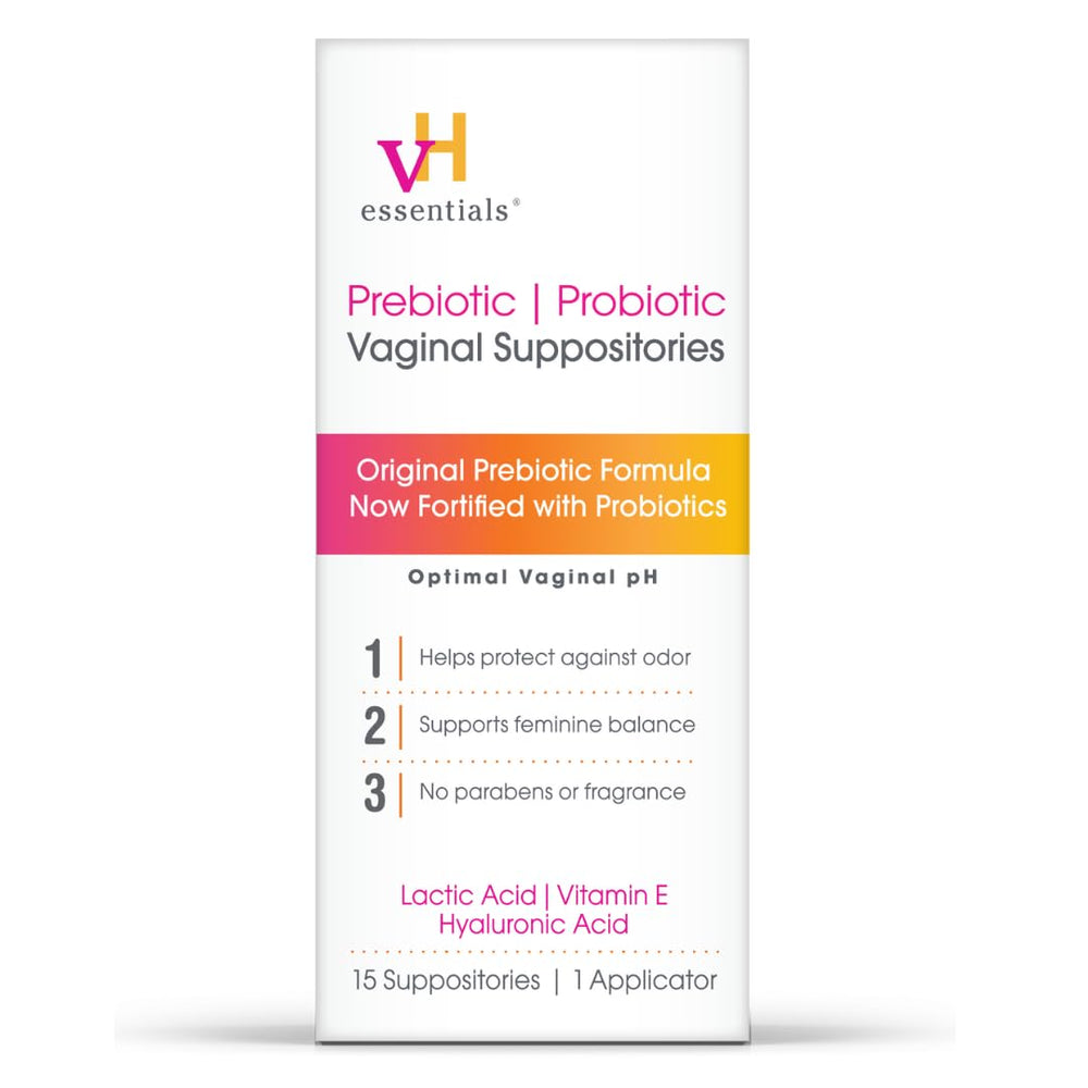 vH essentials prebiotic vaginal suppositories box shows daily freshness and pH balance.