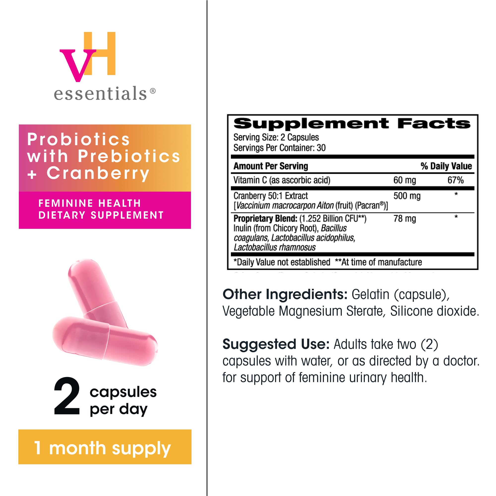 Back view of the bottle showing supplement facts for vH Essentials Probiotics