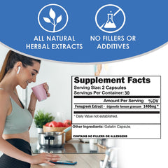 Close-up of Fenugreek+ 1400mg capsules in bottle