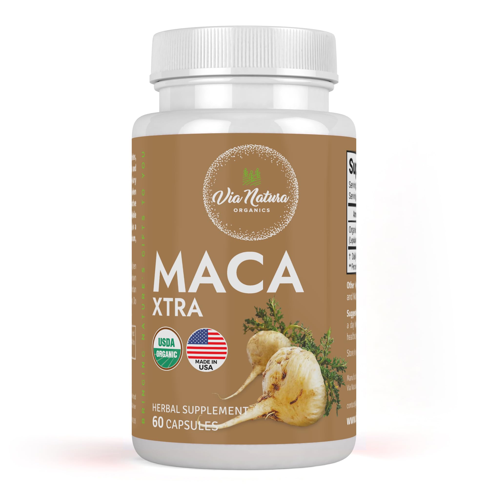 Via Natura Organics Maca Xtra capsules bottle on white background