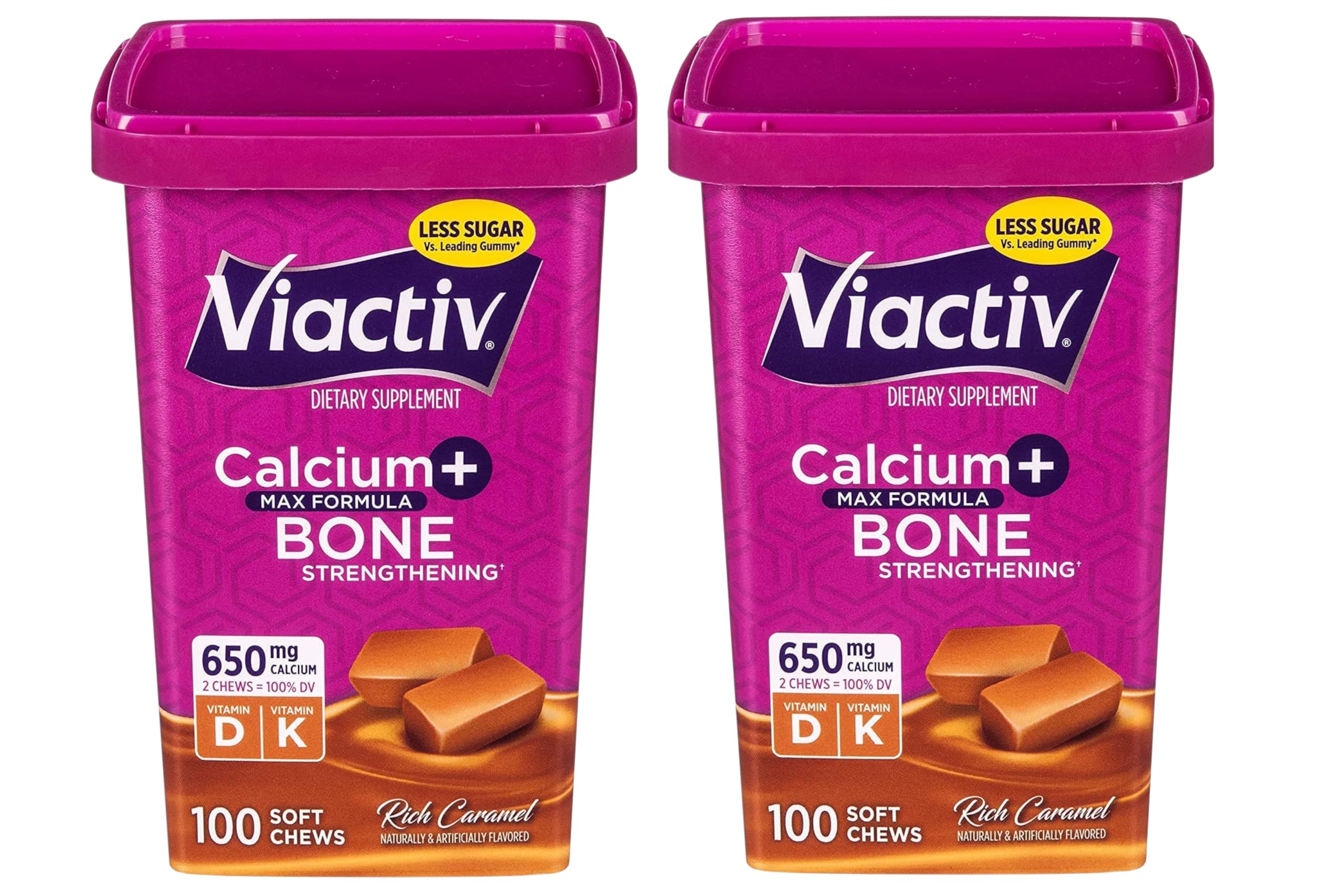 Front view of Viactiv Max Formula Calcium + Vitamin D3 soft chews in rich caramel flavor, 2-pack