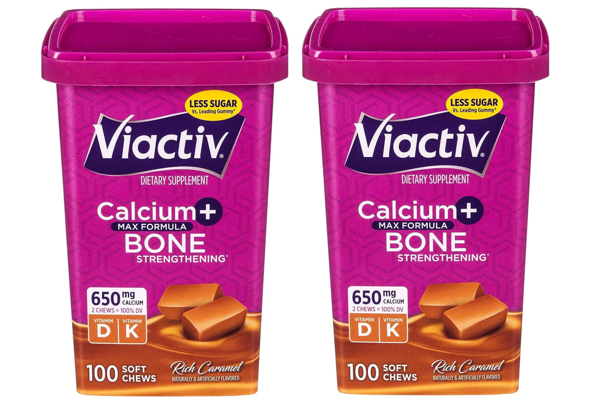 Front view of Viactiv Max Formula Calcium + Vitamin D3 soft chews in rich caramel flavor, 2-pack