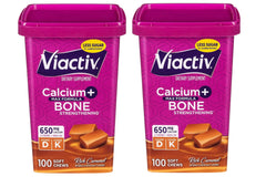Front view of Viactiv Max Formula Calcium + Vitamin D3 soft chews in rich caramel flavor, 2-pack