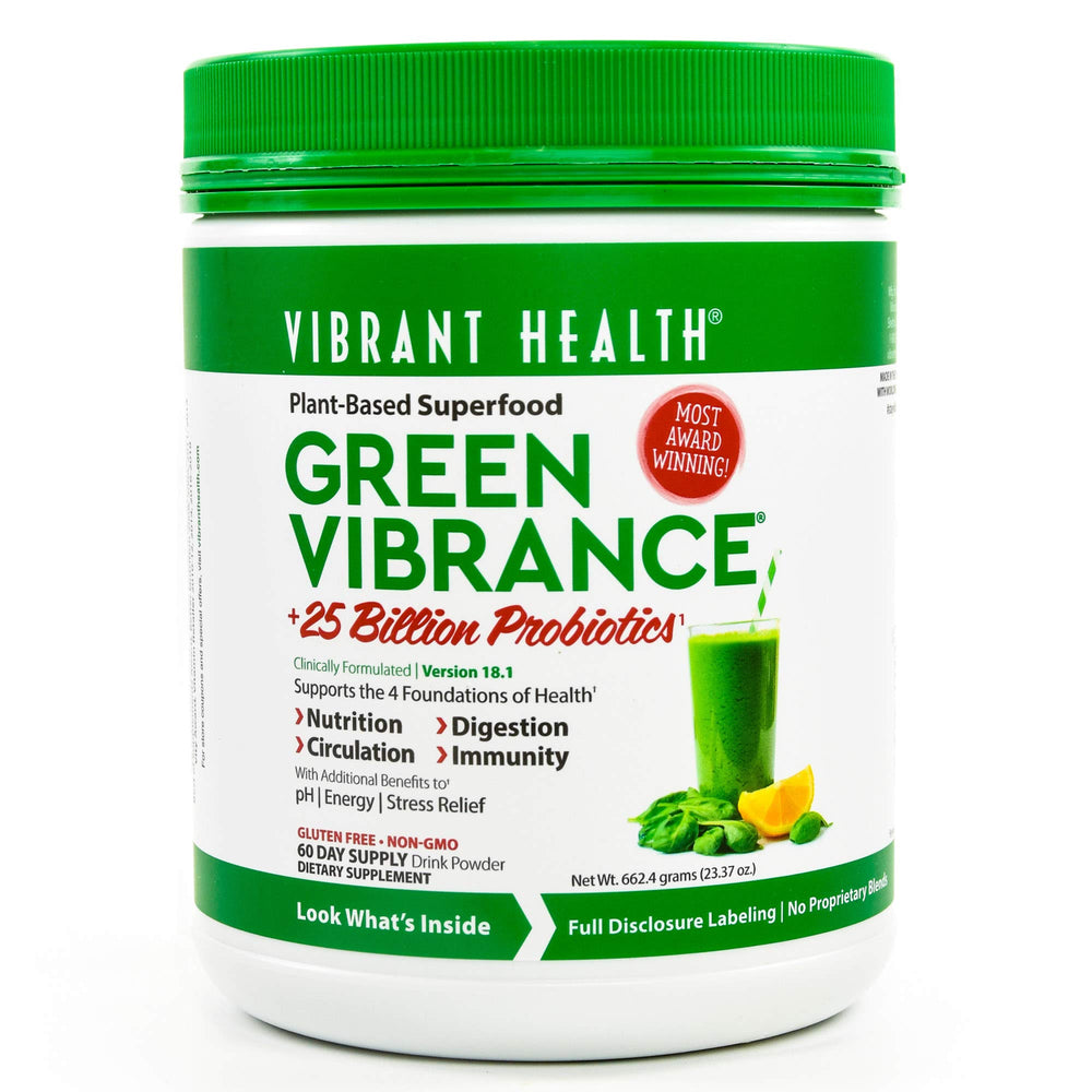 Vibrant Health Green Vibrance powder canister ready for daily greens boost and mixability