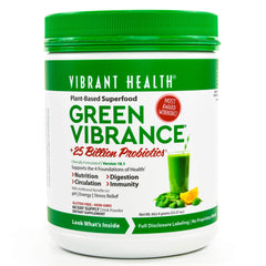 Vibrant Health Green Vibrance powder canister ready for daily greens boost and mixability