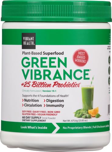 Vibrant Health Green Vibrance powder serving scoop ideal for smoothies and nutrient rich routines