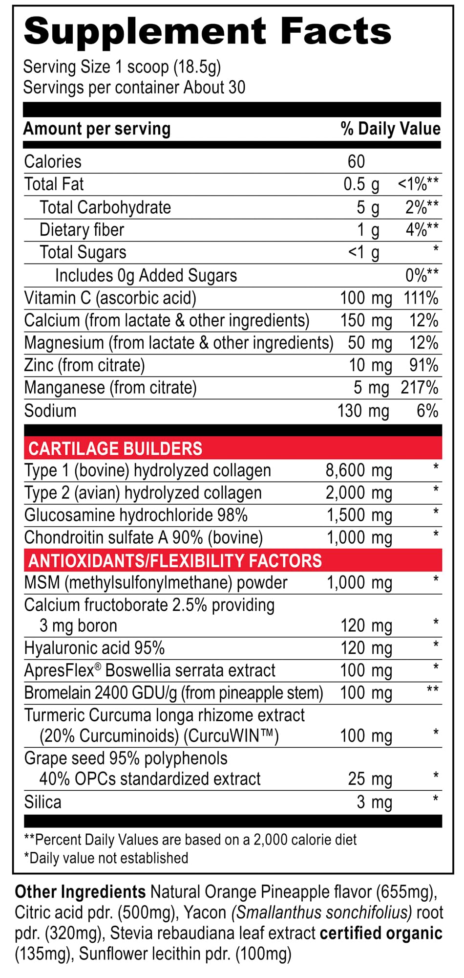 Close-up of hydrolyzed collagen peptides (types 1 and 2) ingredients