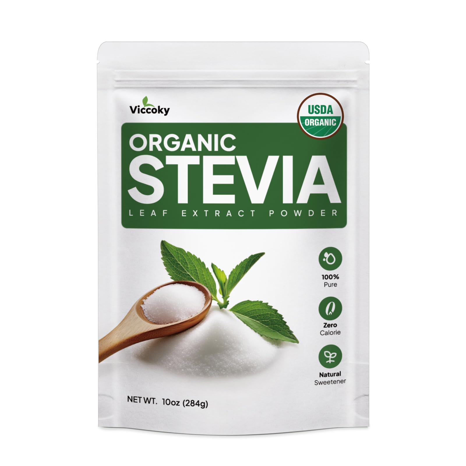 Front view of Viccoky Organic Stevia Powder 284g bottle