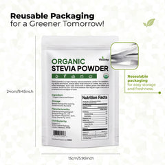 Close-up of Viccoky Organic Stevia Powder label