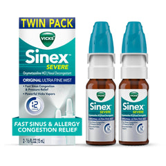 Vicks Sinex Severe bottle with oxymetazoline for fast nasal congestion relief.