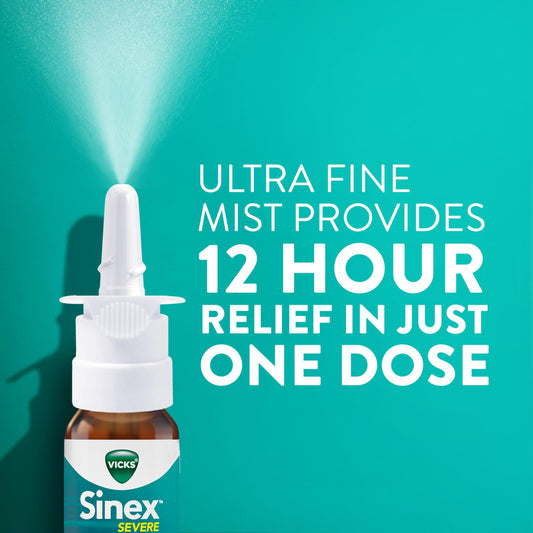 Vicks Sinex Severe ultra-fine mist showing gentle spray for targeted relief.