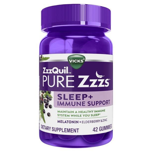 Vicks ZzzQuil PURE Zzzs Sleep + Immune Support Gummies bottle with 42 count