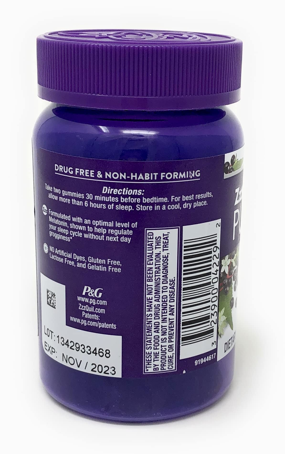 Close-up of ingredients: elderberry, lavender, lemon balm and valerian root in gummies