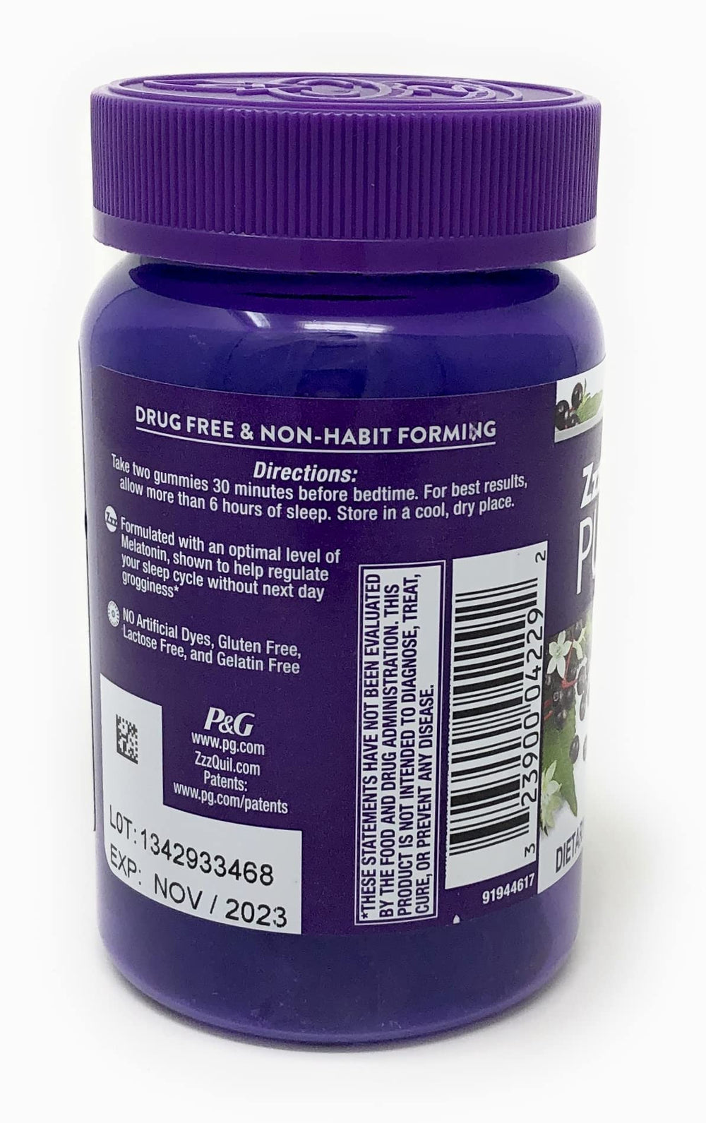 Close-up of ingredients: elderberry, lavender, lemon balm and valerian root in gummies