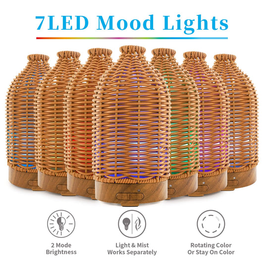 Rattan diffuser showing seven LED color options