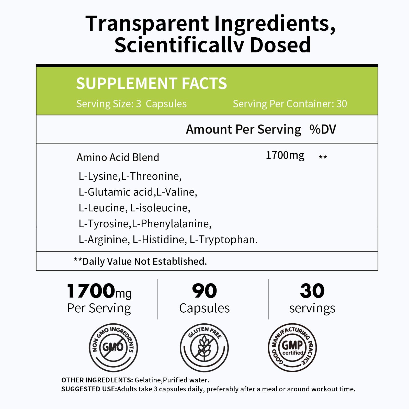 Nutrition facts panel on Vicwell Amino Acid bottle
