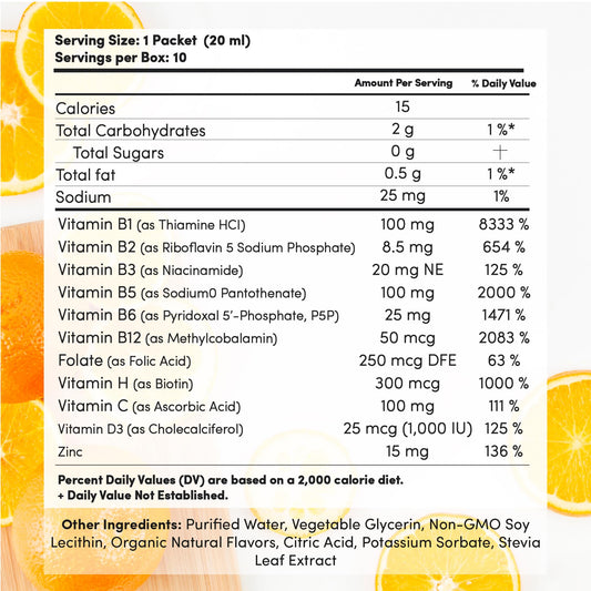 Single-serve orange flavor packet of Mega-Liposomal B-Complex + Vitamin C