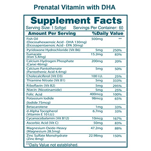 Close-up of DHA and EPA labels on Vidalocity prenatal supplement