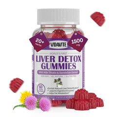 Two gummies beside a glass of water for serving size