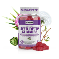 Lifestyle shot of VIDAVITE liver support gummies on countertop