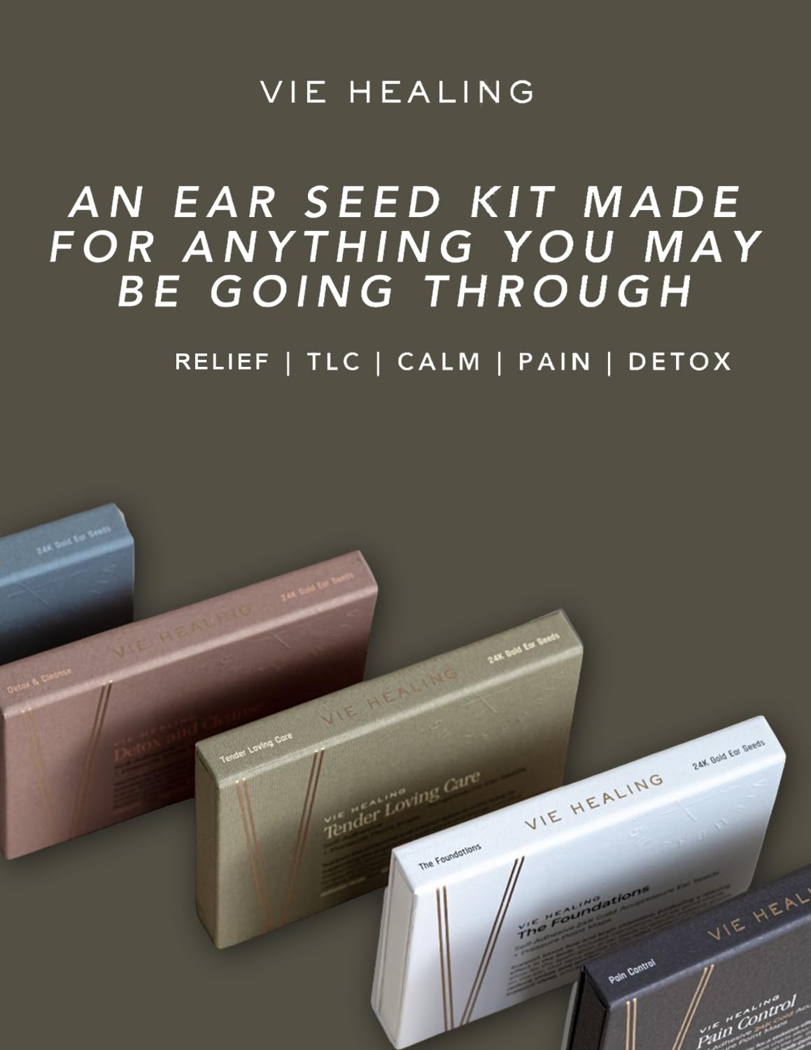 Vie Healing branding with gold ear seeds
