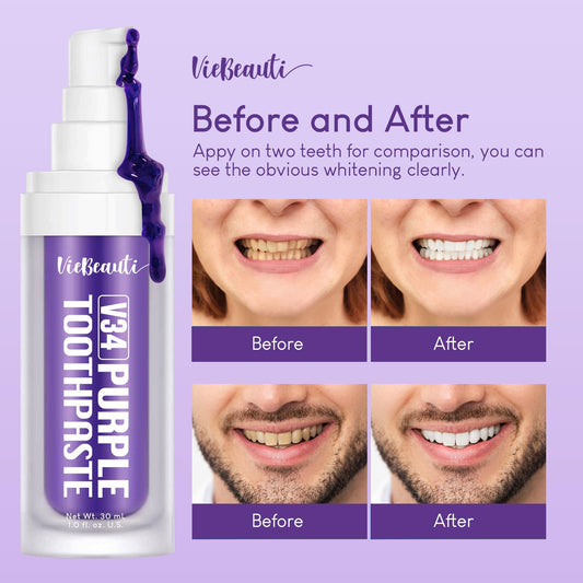 Close-up of purple toothpaste texture showing color-correcting formula.