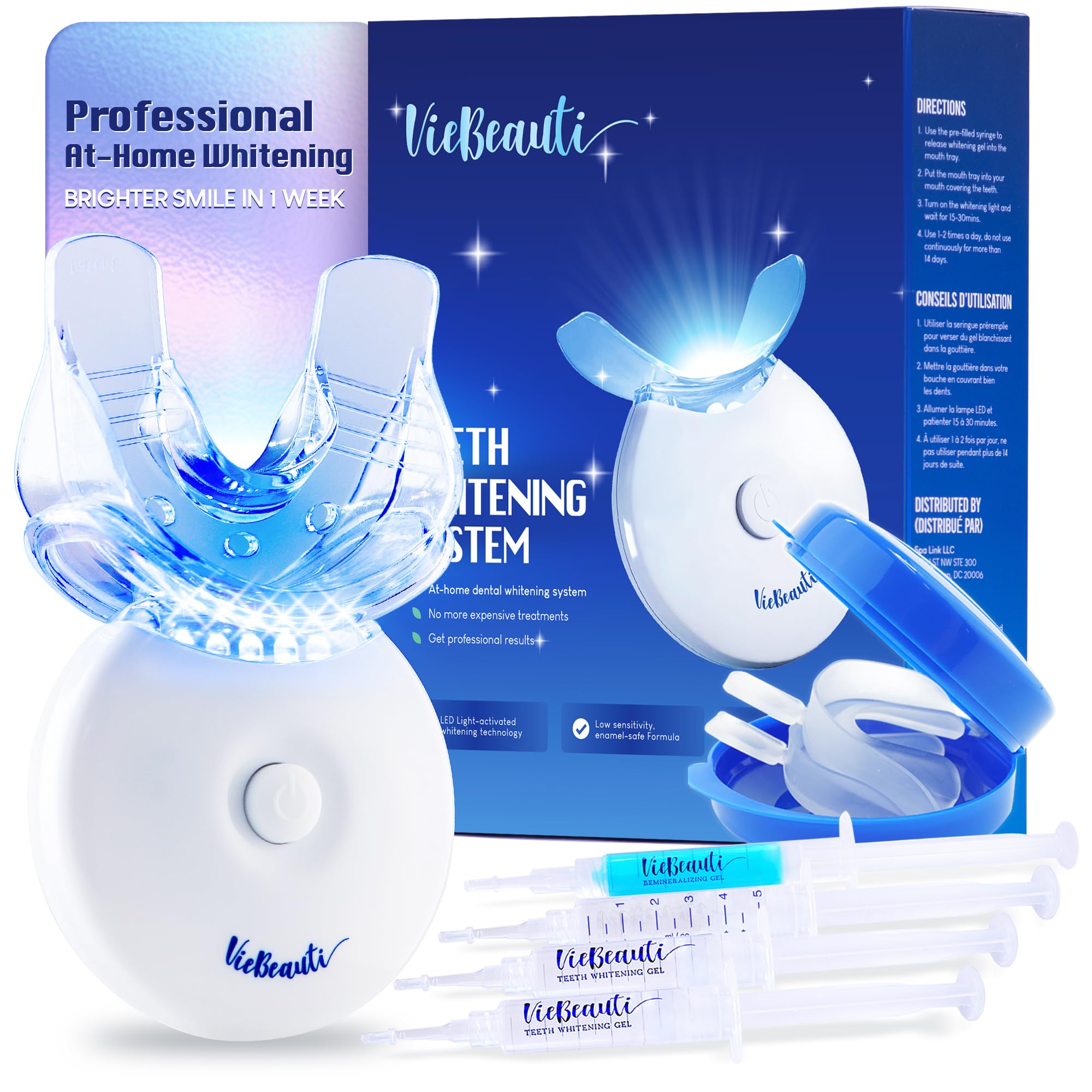 VieBeauti Teeth Whitening Kit with LED light and mint packaging